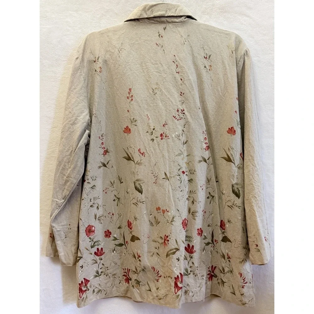 Vintage Leslie Fay Linen Blend Chore Coat Floral Tan Cottage Fairy L/XL - Picture 6 of 9